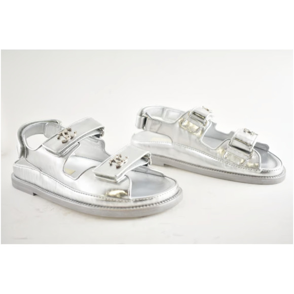 Chanel 22C Silver Laminated Star CC Logo Mule Slide Strap Flat Dad Sandal 35.5 - Picture 12 of 12